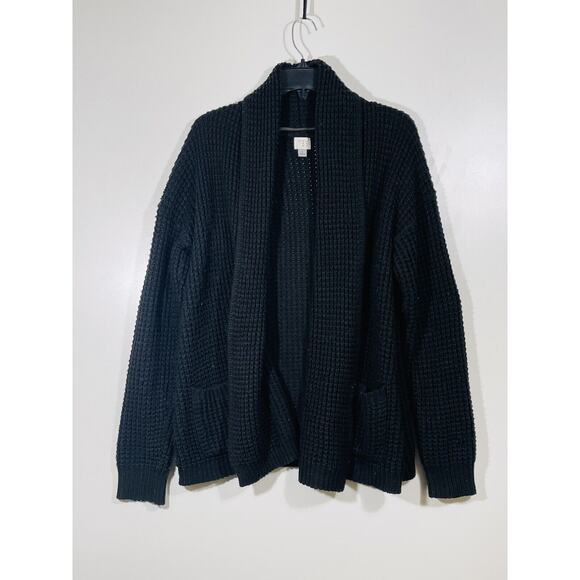 A New Day‎ Black Chenille Knit Cardigan Sweater Sz Large Open Draped 2 Pockets - Picture 2 of 11